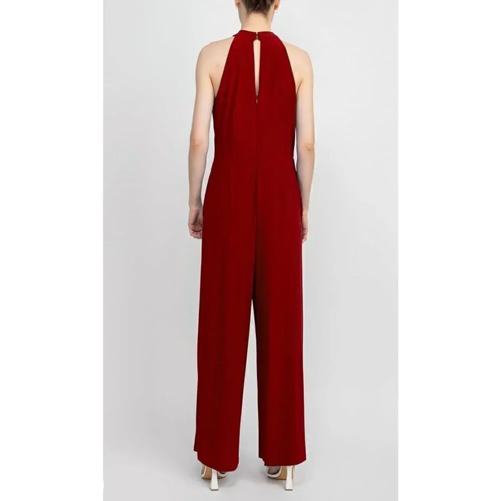 Nina Leonard Crossed Neck Sleeveless Keyhole Jersey Jumpsuit